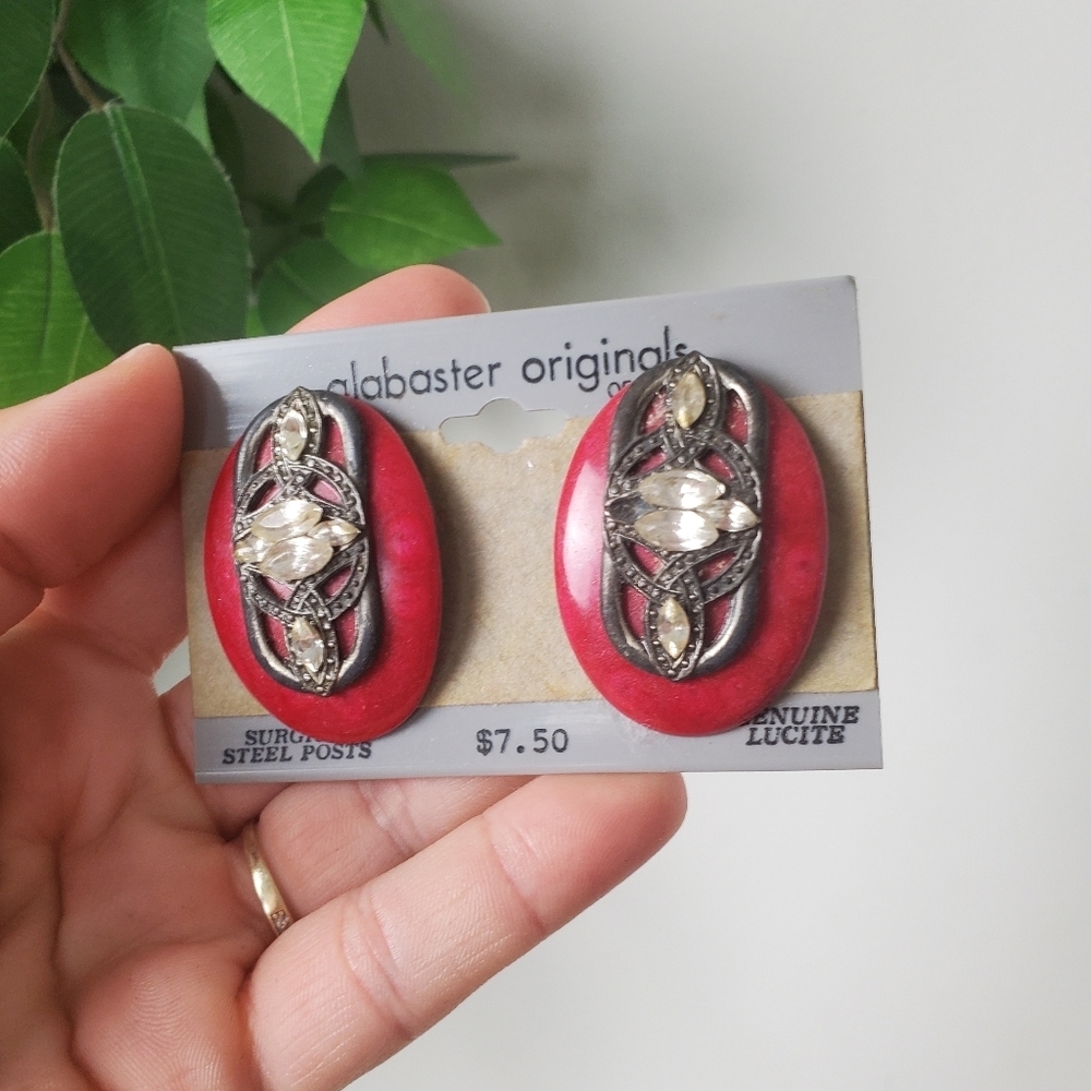 Vintage Alabaster Originals Red Lucite Earrings Surgical Steel